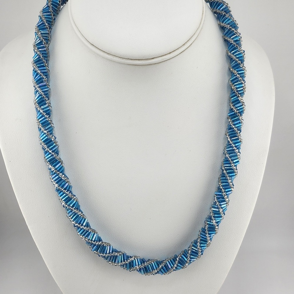 Vintage Blue Tube Bead Spiral Necklace